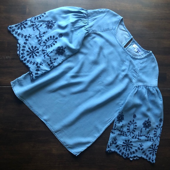 DownEast Tops - embroidered bell sleeve light chambray blouse